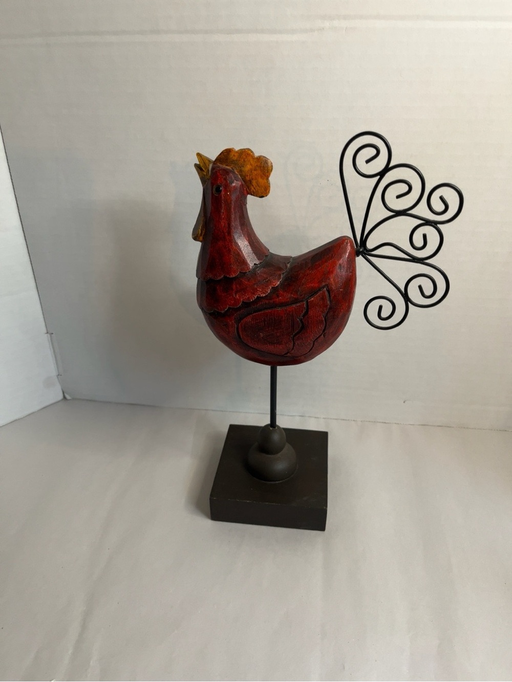 Red Rooster Table Sculpture with Black Wire Tail